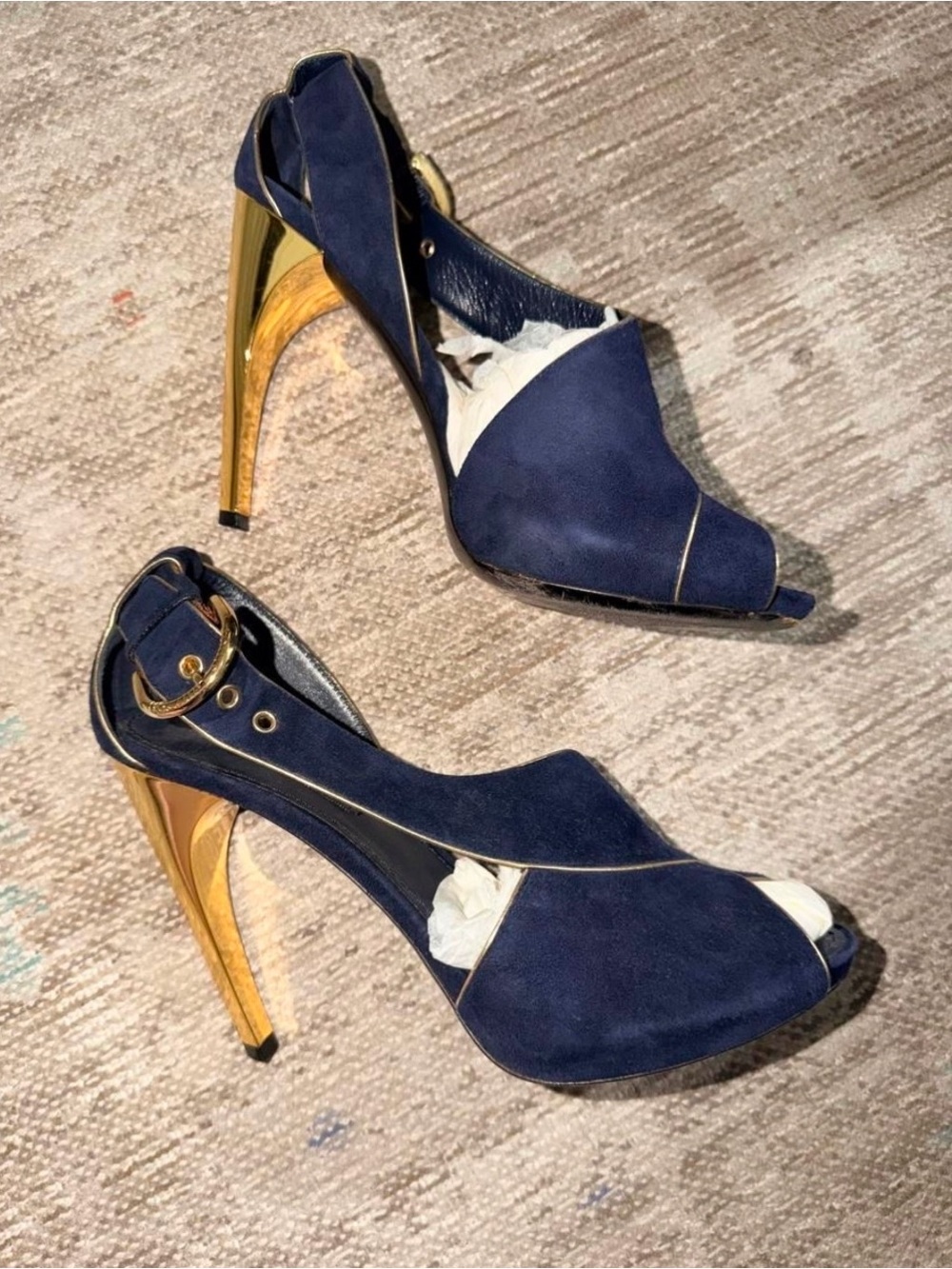 Louis Vuitton Navy Suede Peep-Toe High Heel Sandals with Gold Accents
